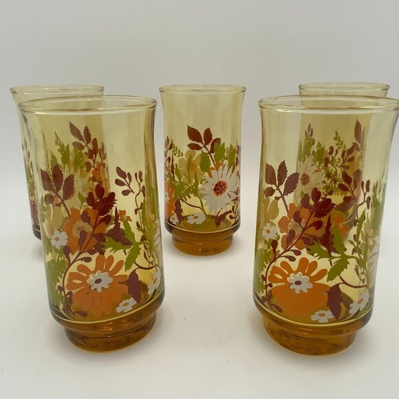 Libbey Other - Set of 5 Vintage Libbey Daisy Amber Floral 10oz Glasses 5¼" Tall 1970's